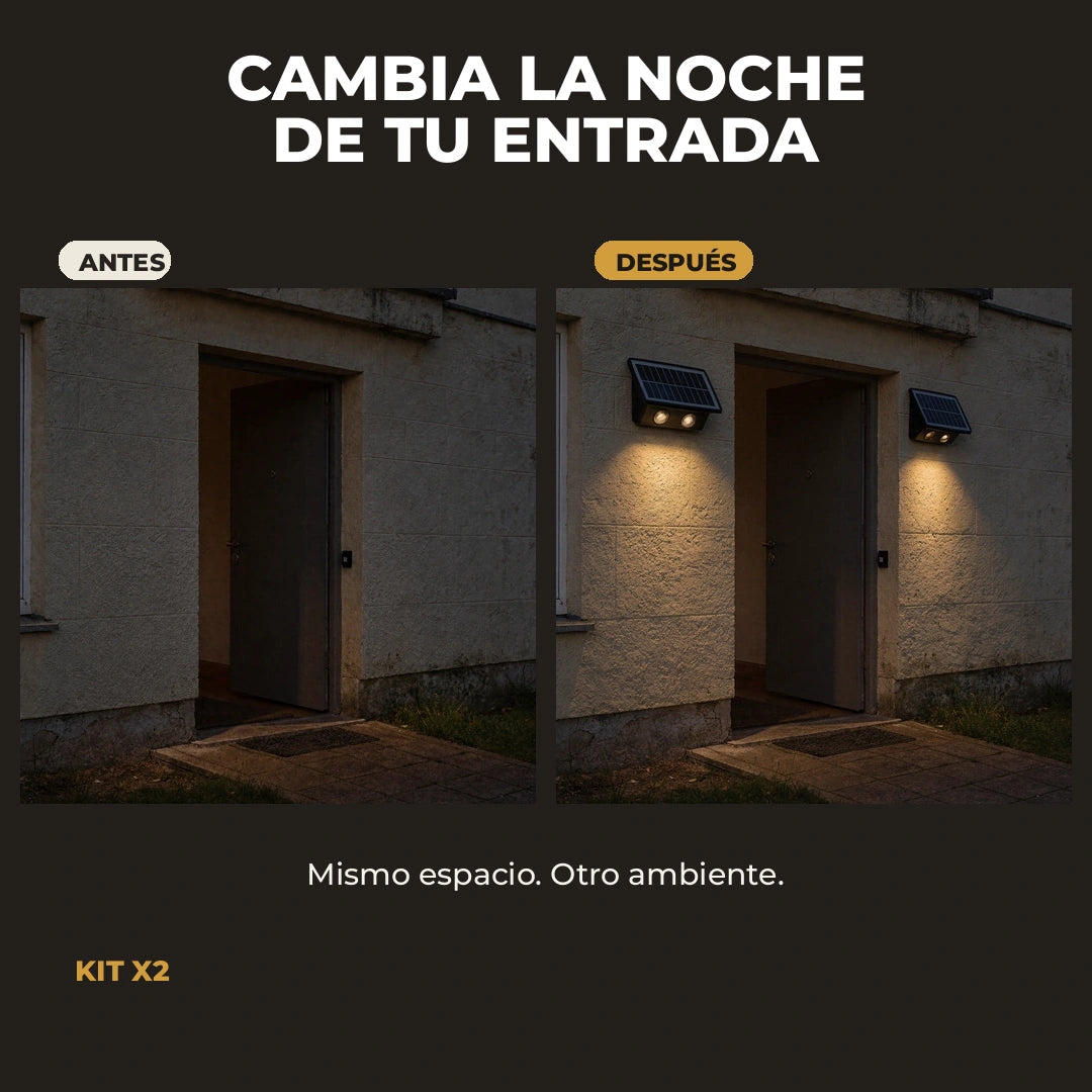 Comparación de una entrada antes y después de instalar apliques solares