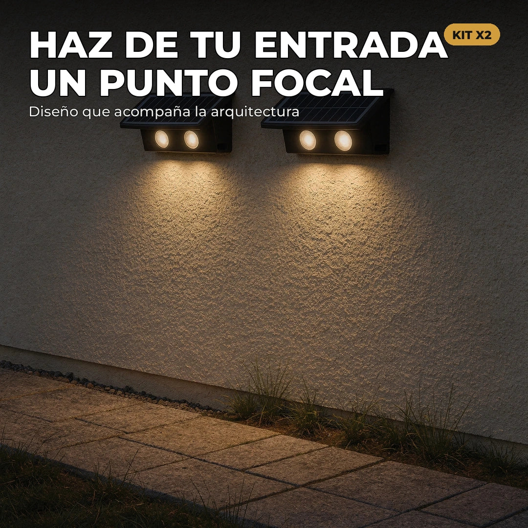 Entrada exterior destacada con apliques solares negros